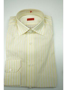 Isaia Lemon Yellow White Striped Long Sleeve Cotton Dress Shirt 15.5/39 NEW